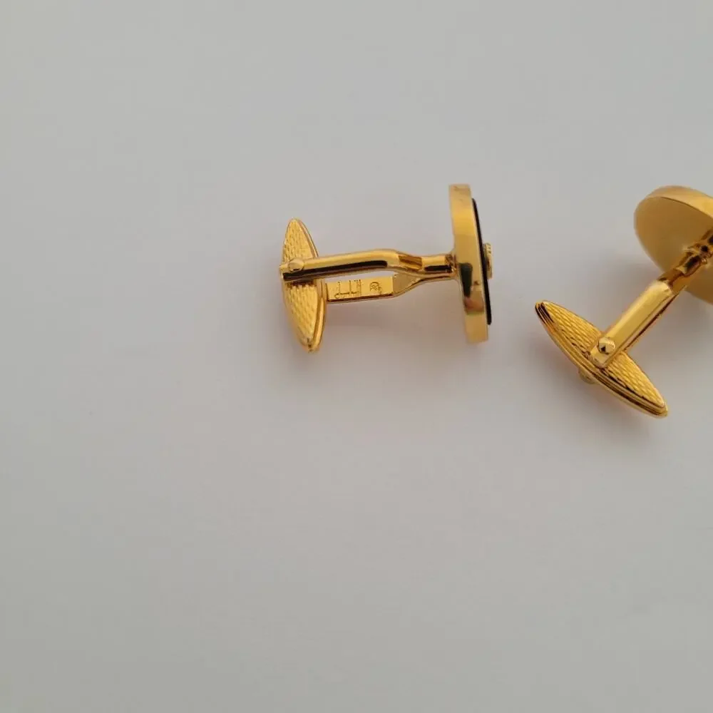 Dunhill Vintage Round Cufflinks Tie Clasp Clip Bar Set Black Onyx Gold Logo Box